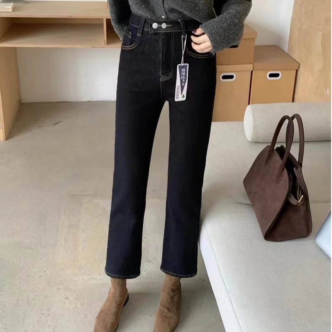 贝姐同款【黑金植绒烟管裤】1259-10百搭修身直筒高腰九分牛仔裤