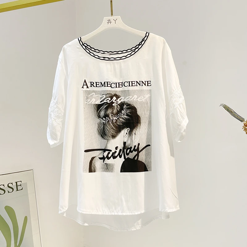 2025年夏季新款欧货大版宽松打底印花t恤女短袖百搭蕾丝拼接上衣