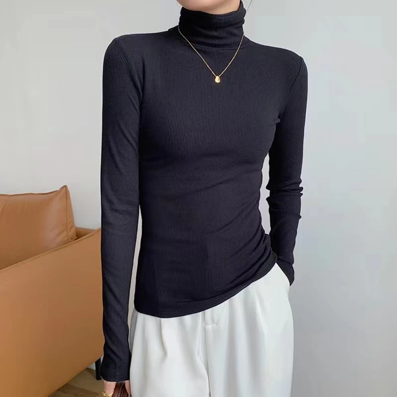 6666磨毛绒螺纹棉堆堆领洋气弹力纯色打底衫女长袖百搭冬季上衣