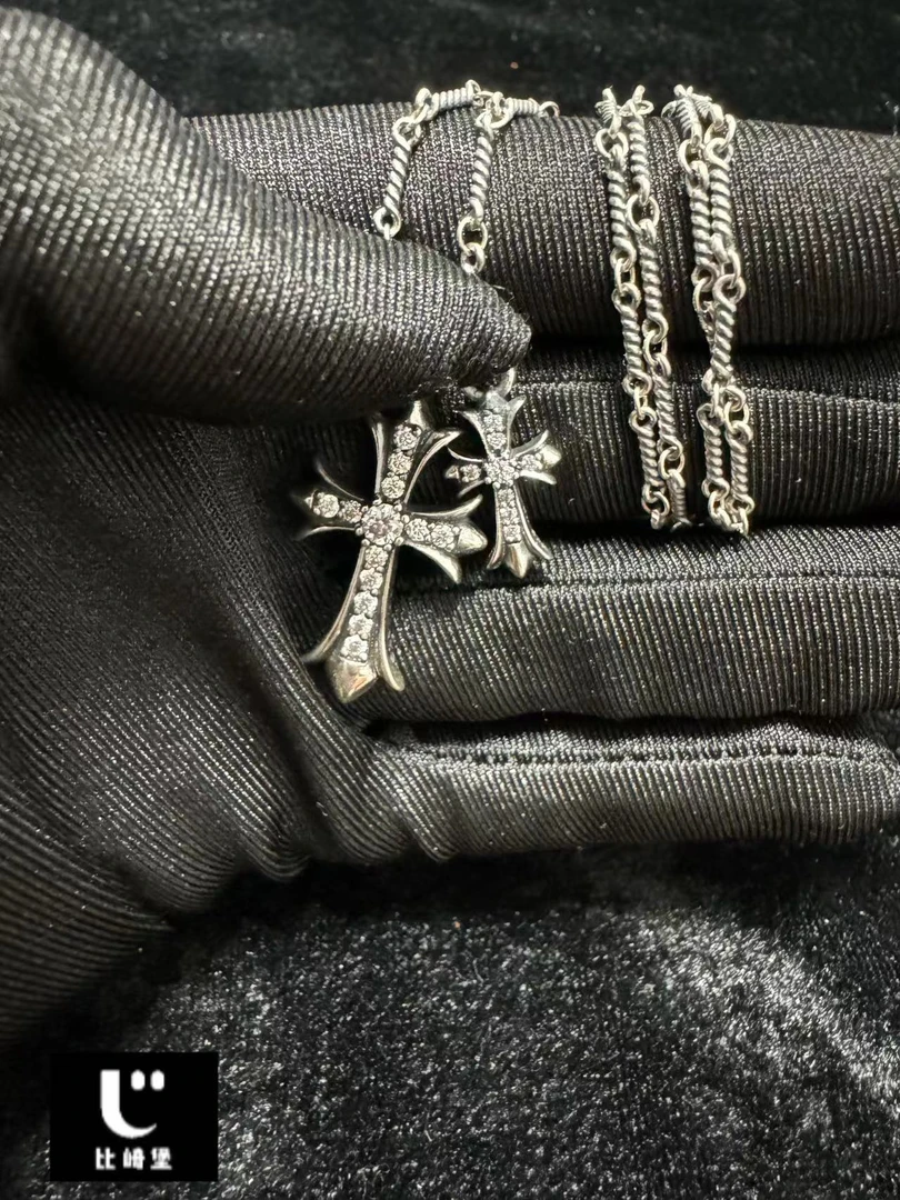坠链均925银莫桑石 双十字架欧美朋克复古做旧经典镶钻