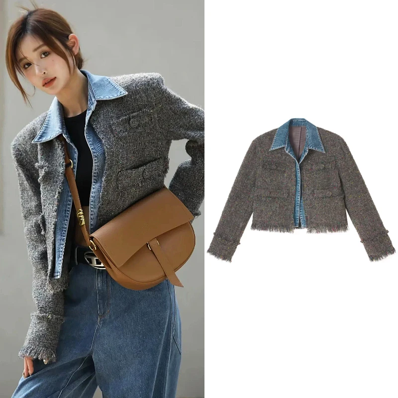 9169【玛素】2025春季新款假两件牛仔拼接毛呢外套点彩纱短款夹克