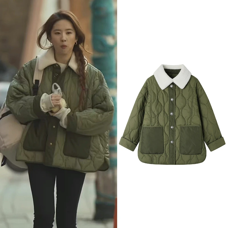 K9131【玫瑰的故事】刘亦菲同款军绿色宽松棉服秋冬翻领棉衣棉外套