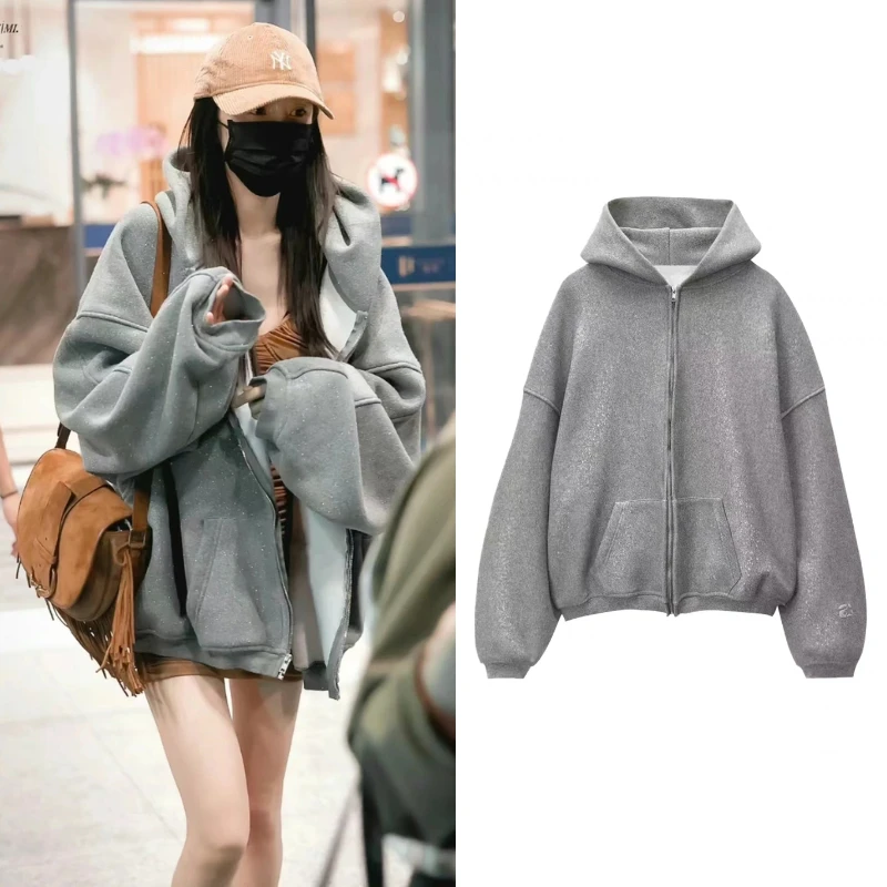 B9222时尚外套2025春季新款阔版休闲高级灰细闪闪粉连帽卫衣女