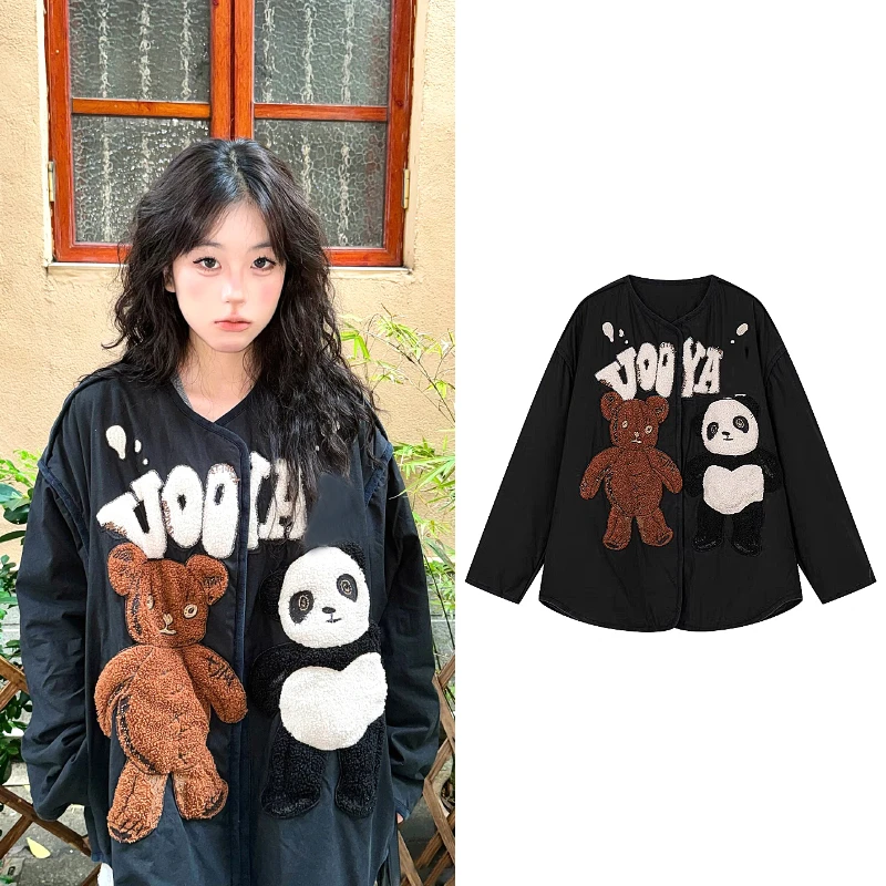 B9223【乌】2024年冬季新款熊熊玩偶经典复古手绣熊猫棉服宽松外套
