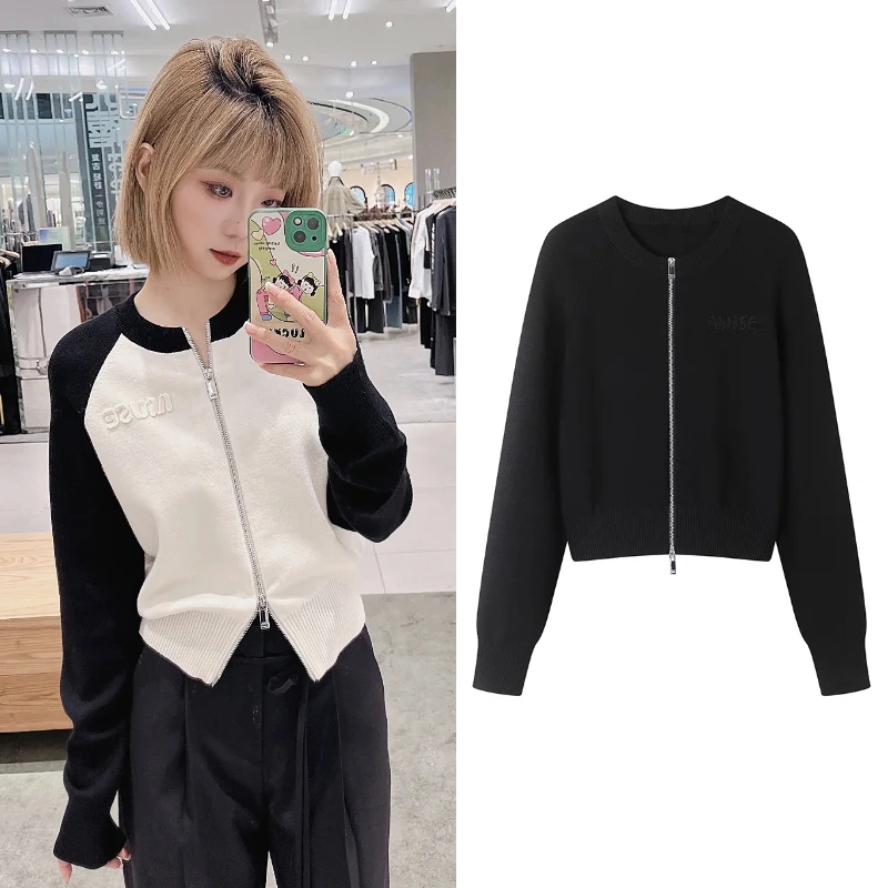 K9154【M】时尚休闲针织开衫女2024年秋新品美式复古插肩袖长袖外套