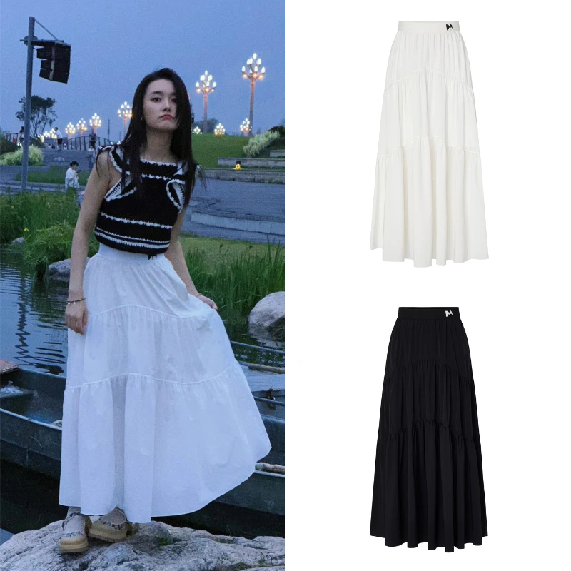7231【M】蒋依依同款松紧高腰长款塔裙半身裙白色黑色设计感裙子