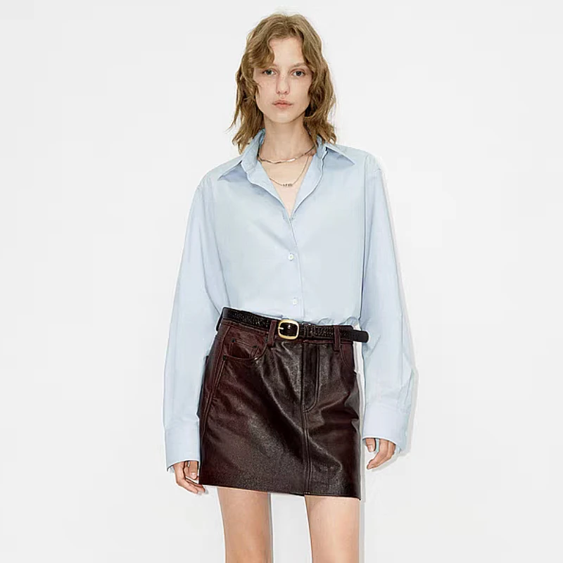 9240【M】衬衫女2025春季新品高支高密双面磨毛棉质尖领蓝色宽松