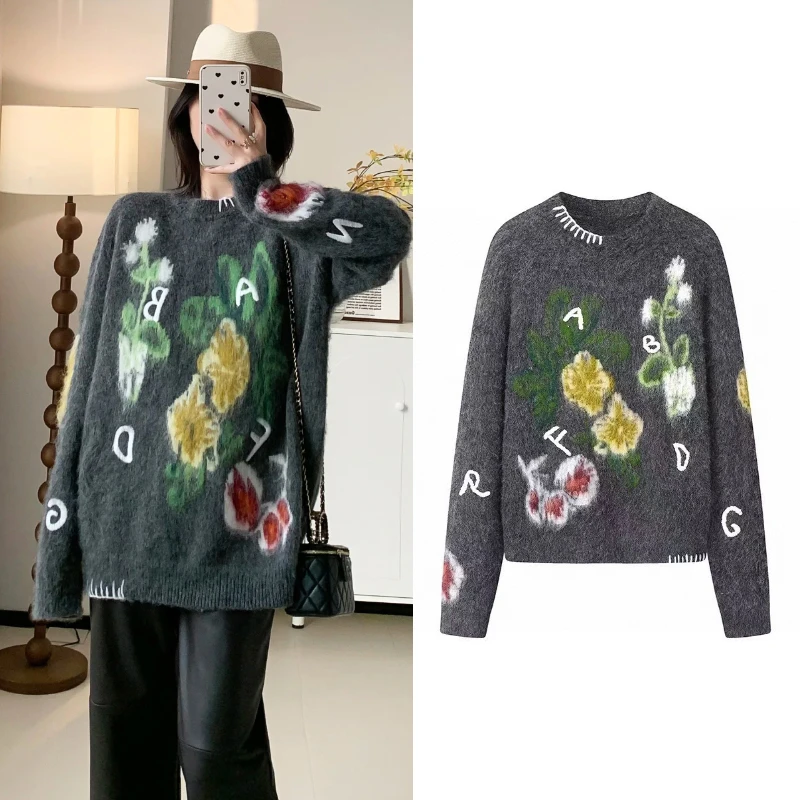 E1095【花园】时尚羊驼毛手工刺绣慵懒圆领毛衣女2025春季新品