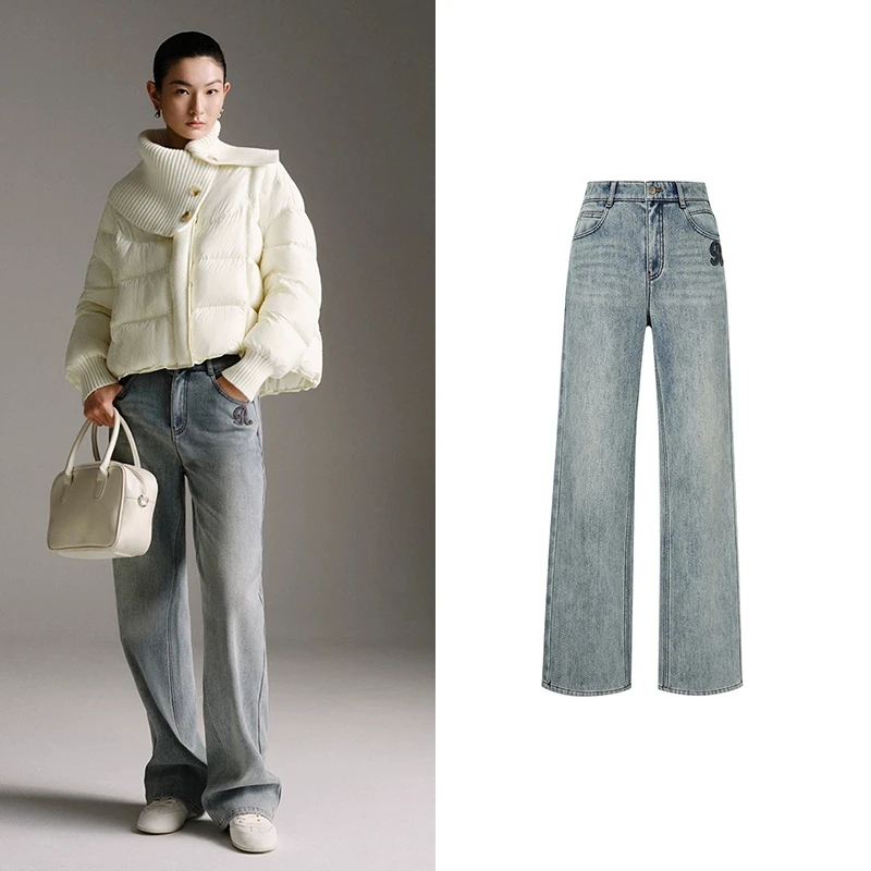 G1221【艾】2024冬季新款高腰百搭直筒裤子通勤休闲加绒牛仔裤女