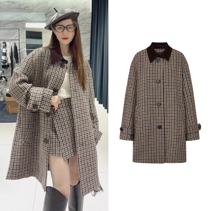 1085【M】中长款大衣2024年冬新品5纱10色织千鸟格绵羊毛毛呢外套女