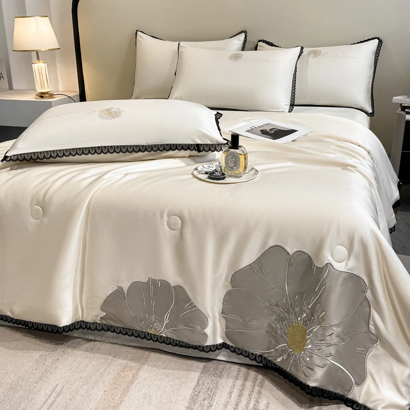 可机洗冰丝夏凉被四件套薄款床上夏被空调被床笠绣花丝滑凉感亲肤