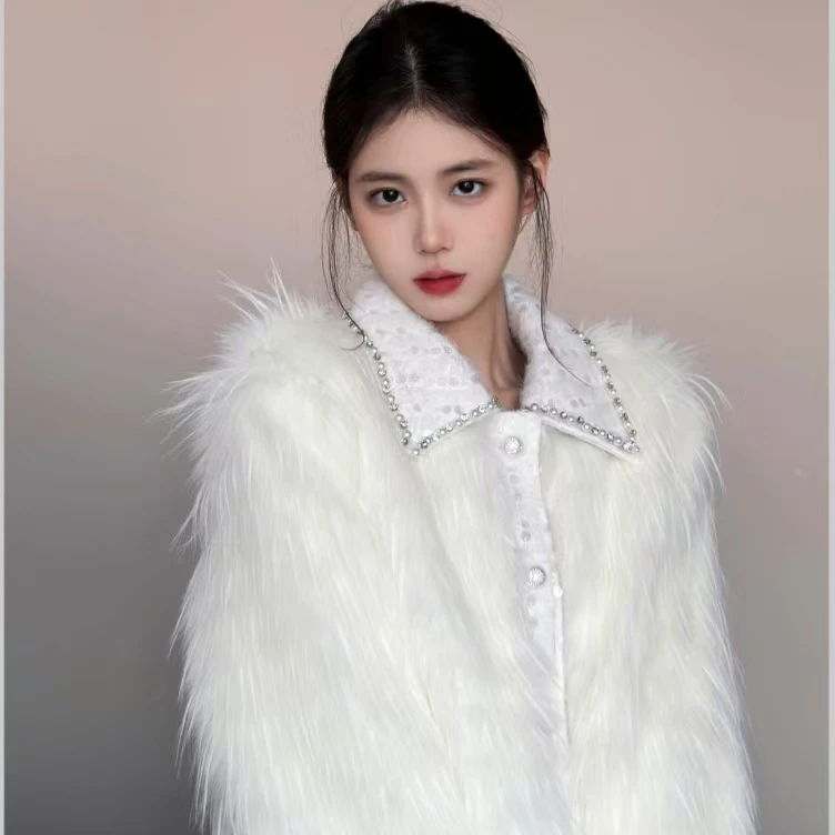 人造皮草 2024年新款小香风白色仿狐狸毛毛外套女秋冬名媛风无领