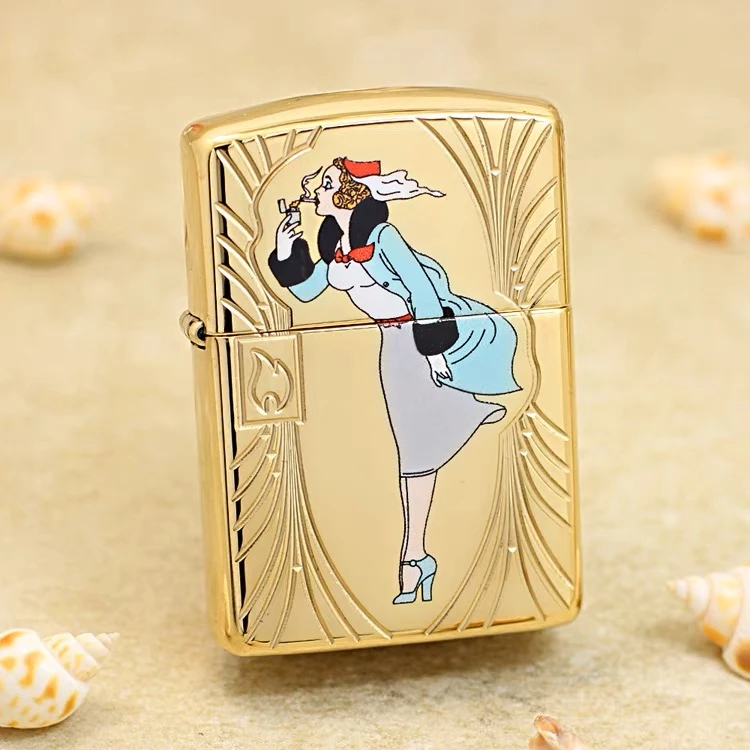 ZIPPO正品防风打火机 美版风中女郎85周年 双面工艺黄铜盔甲机