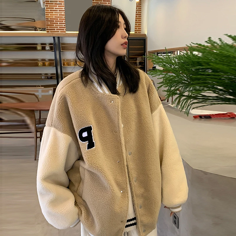 2023秋冬新款爆款小香风颗粒绒棒球服加绒加厚毛毛外套女冬季