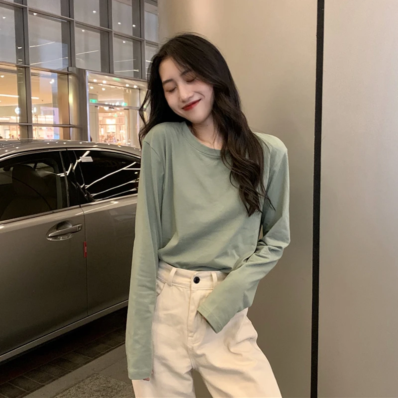 绿色t恤女2021年新款宽松韩版百搭秋款纯色上衣长袖打底衫休闲ins