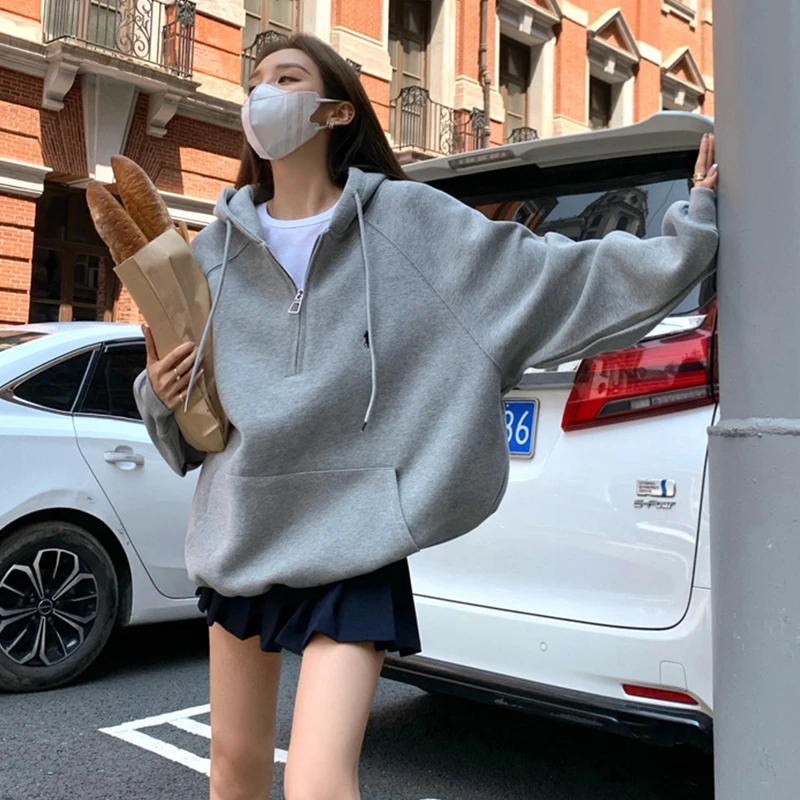 灰色连帽卫衣秋冬新款美式复古宽松慵懒风oversize拉链爆款外套潮