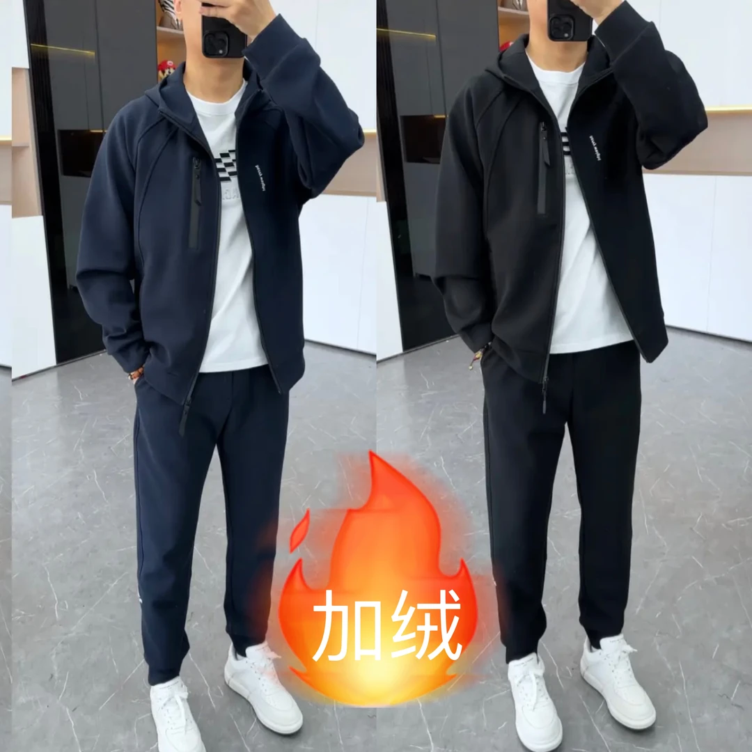 秋冬爆款加绒加厚男士套装休闲运动百搭潮流情侣连帽时尚修身版型