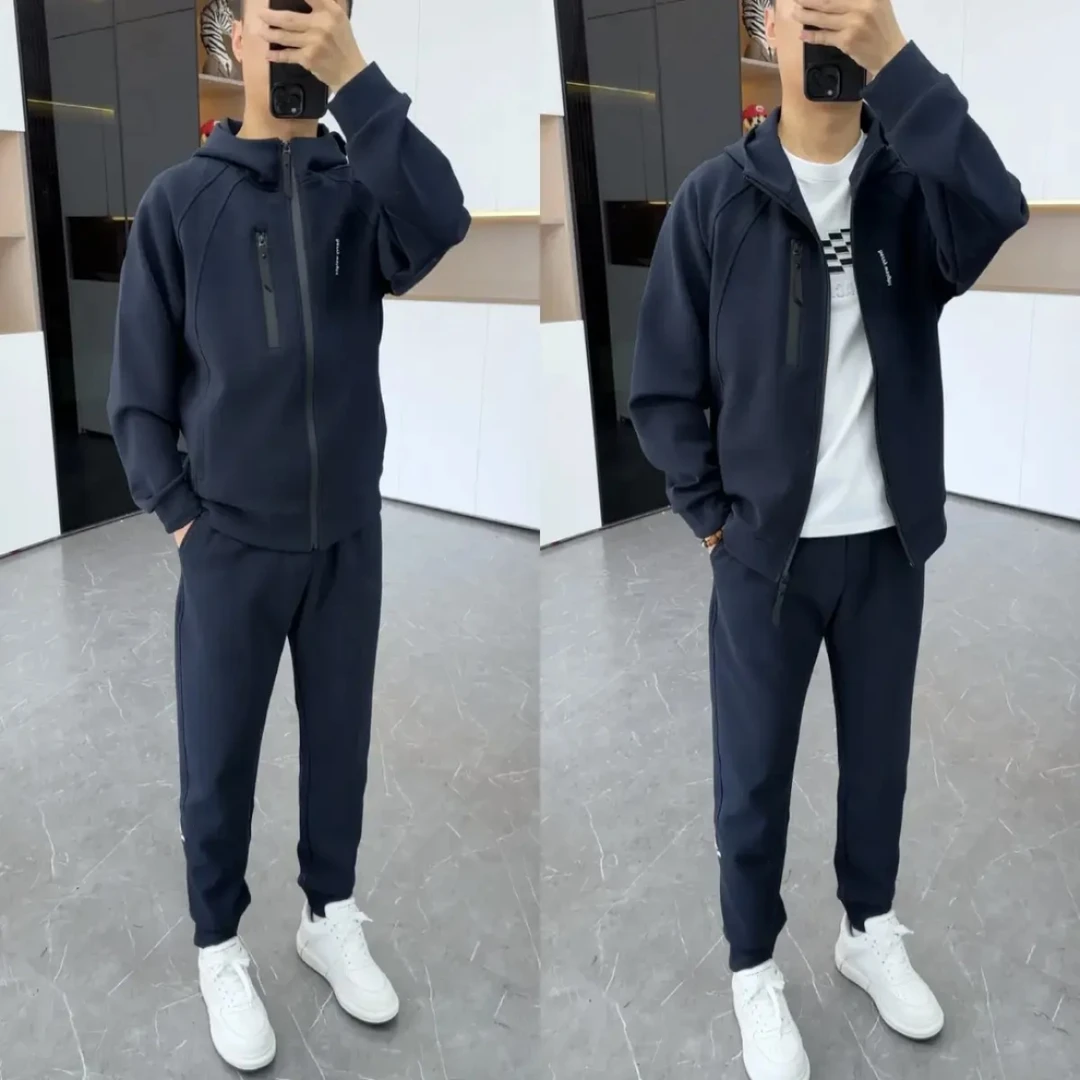早春加厚男士套装百搭不掉色不起球连帽修身版休闲运动套装