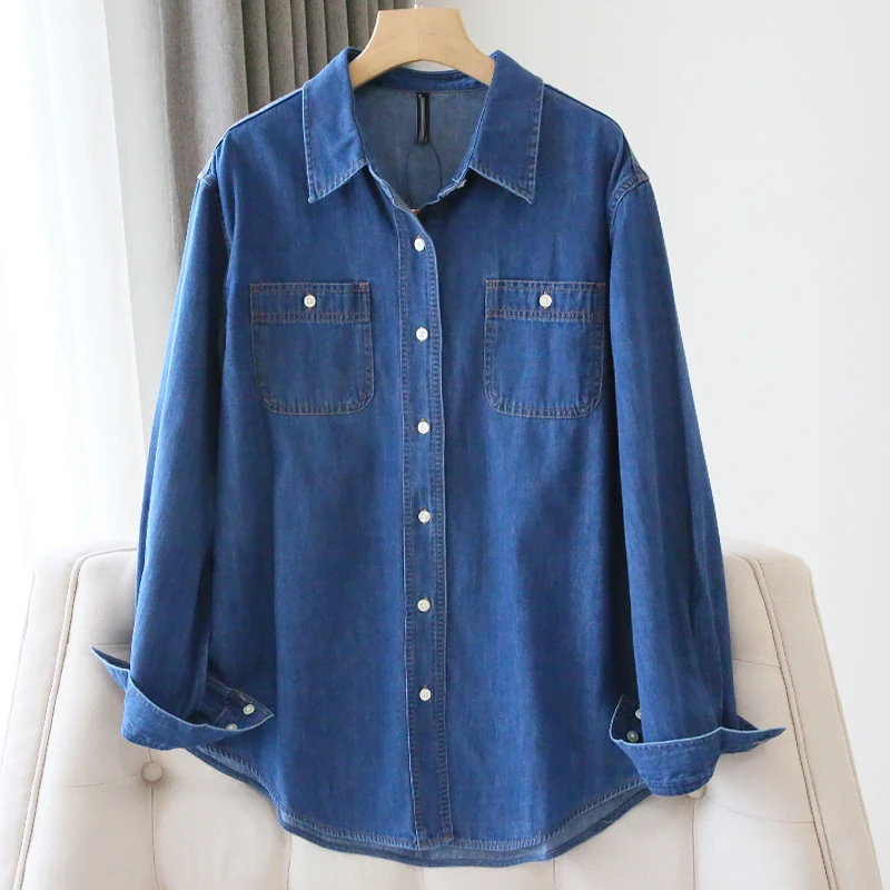 大码春秋可做外套大版BF纯棉蓝色牛仔衬衫女长袖宽松韩版开衫衬衣