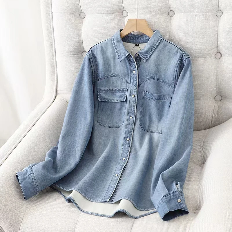 高级设计感小众休闲牛仔衬衫上衣女加绒加厚秋冬洋气时髦百搭衬衣