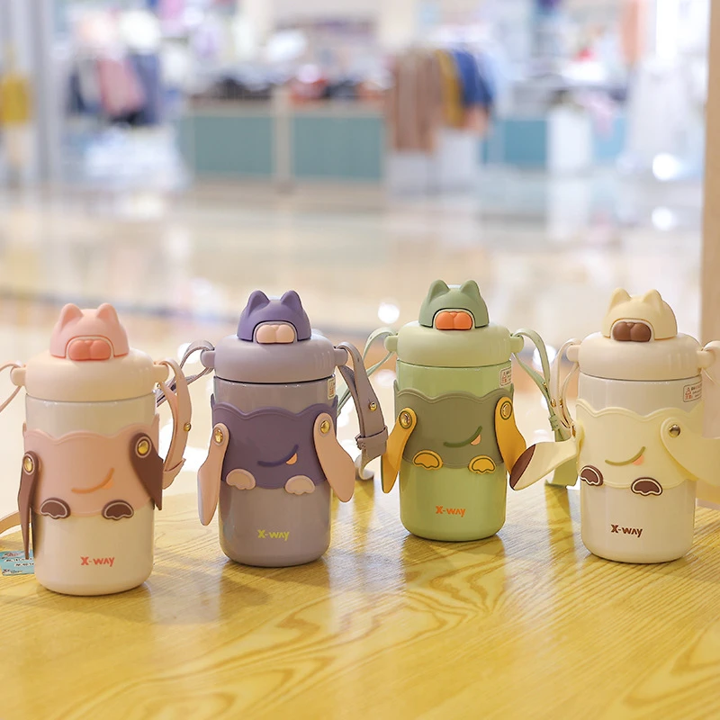 网红哆趣吸管保温杯食品级不锈钢便携斜跨防摔水杯XY-504