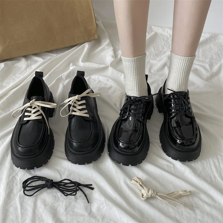 （两双鞋带）百搭黑色软底厚底小皮鞋女英伦风小众轻奢乐福玛丽珍