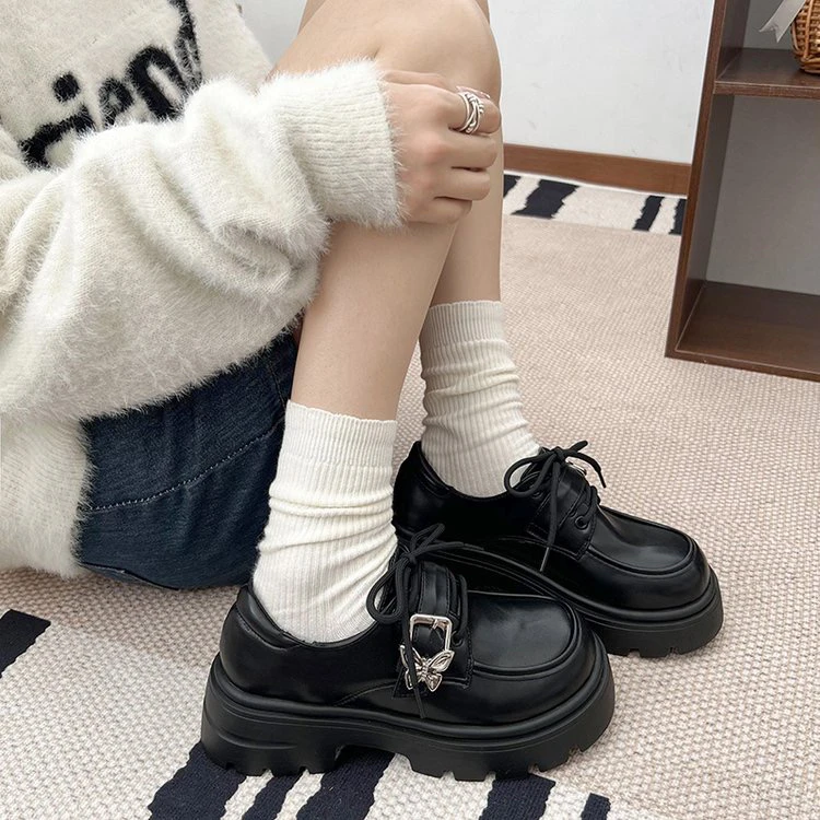 厚底黑色小皮鞋女2024夏秋新款圆头粗跟增高英伦风日系jk乐福单鞋