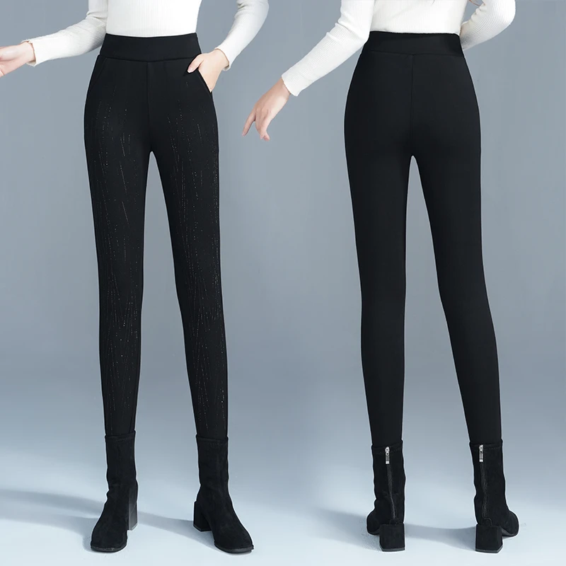 冬季加大显瘦加绒加厚打底裤女高腰弹力修身小脚裤外穿烫钻紧身裤