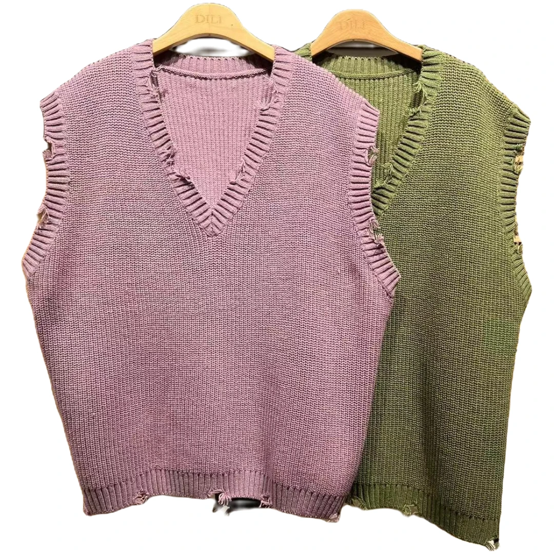 【OVERSIZE LIN】大码宽松针织马甲破边纯色马夹无袖女士百搭休闲