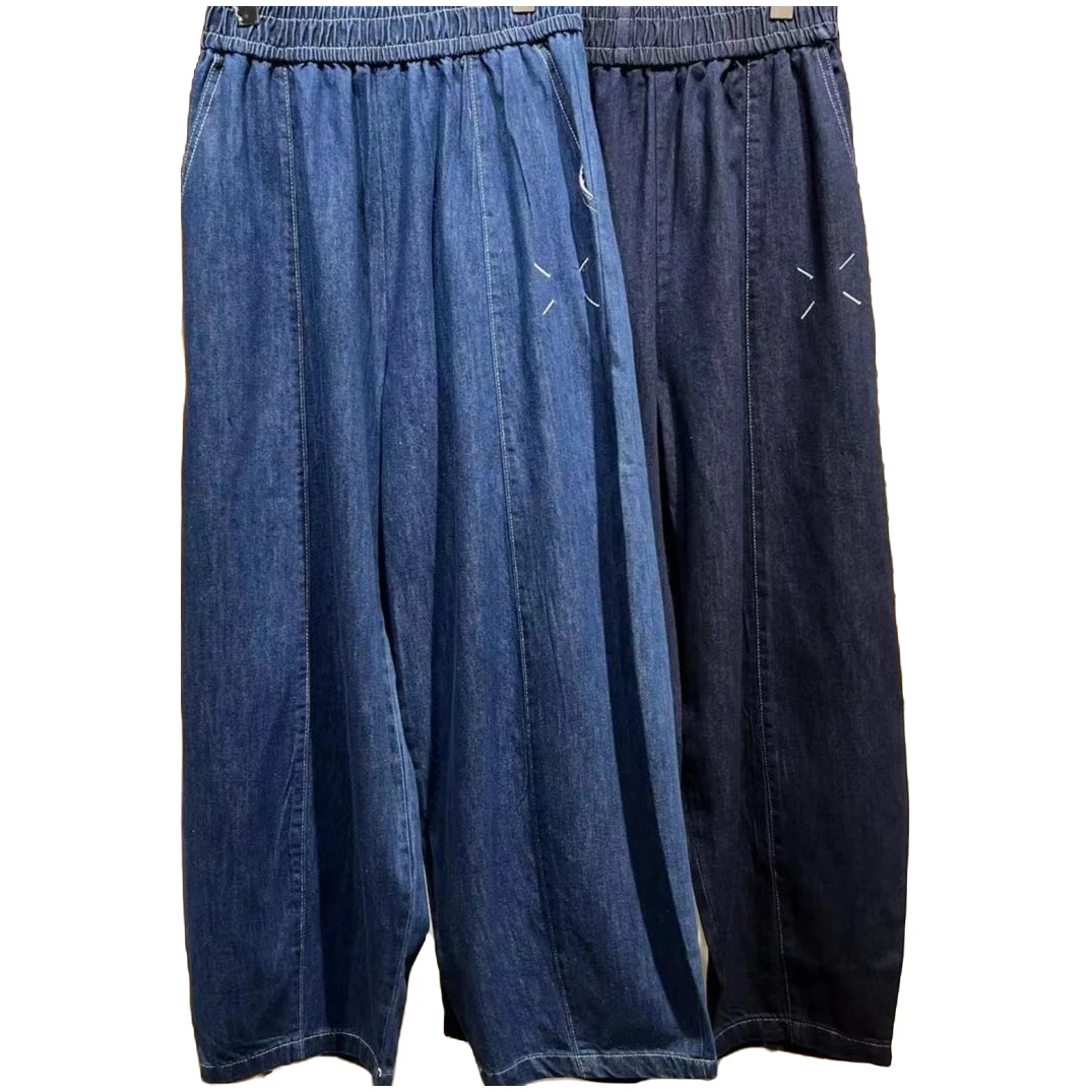 【OVERSIZE LIN】大码宽松百搭阔腿裤松紧腰直筒牛仔裤休闲裤