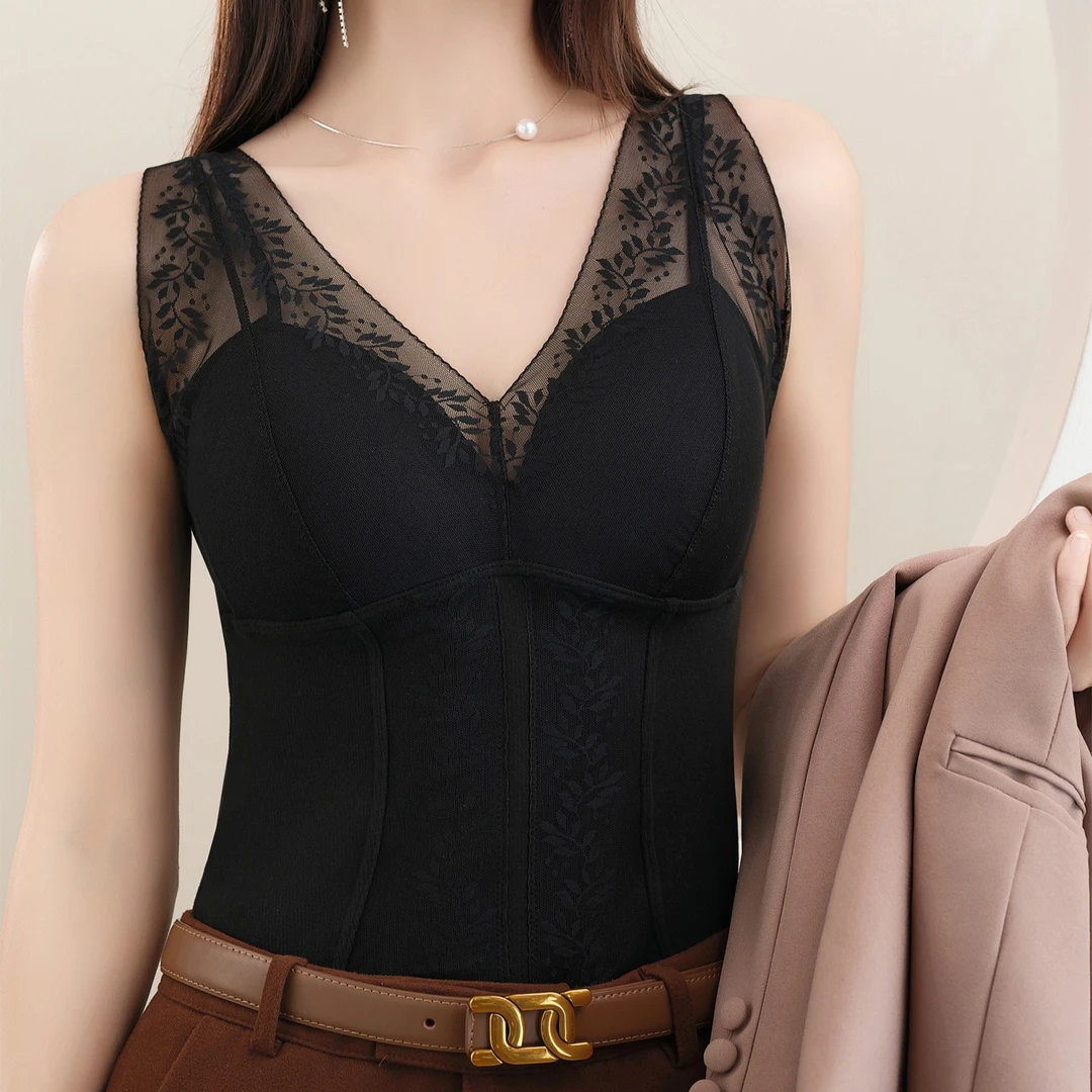 轻奢蕾丝保暖背心一体式秋冬款内搭修身免穿内衣高弹裸感亲肤女士