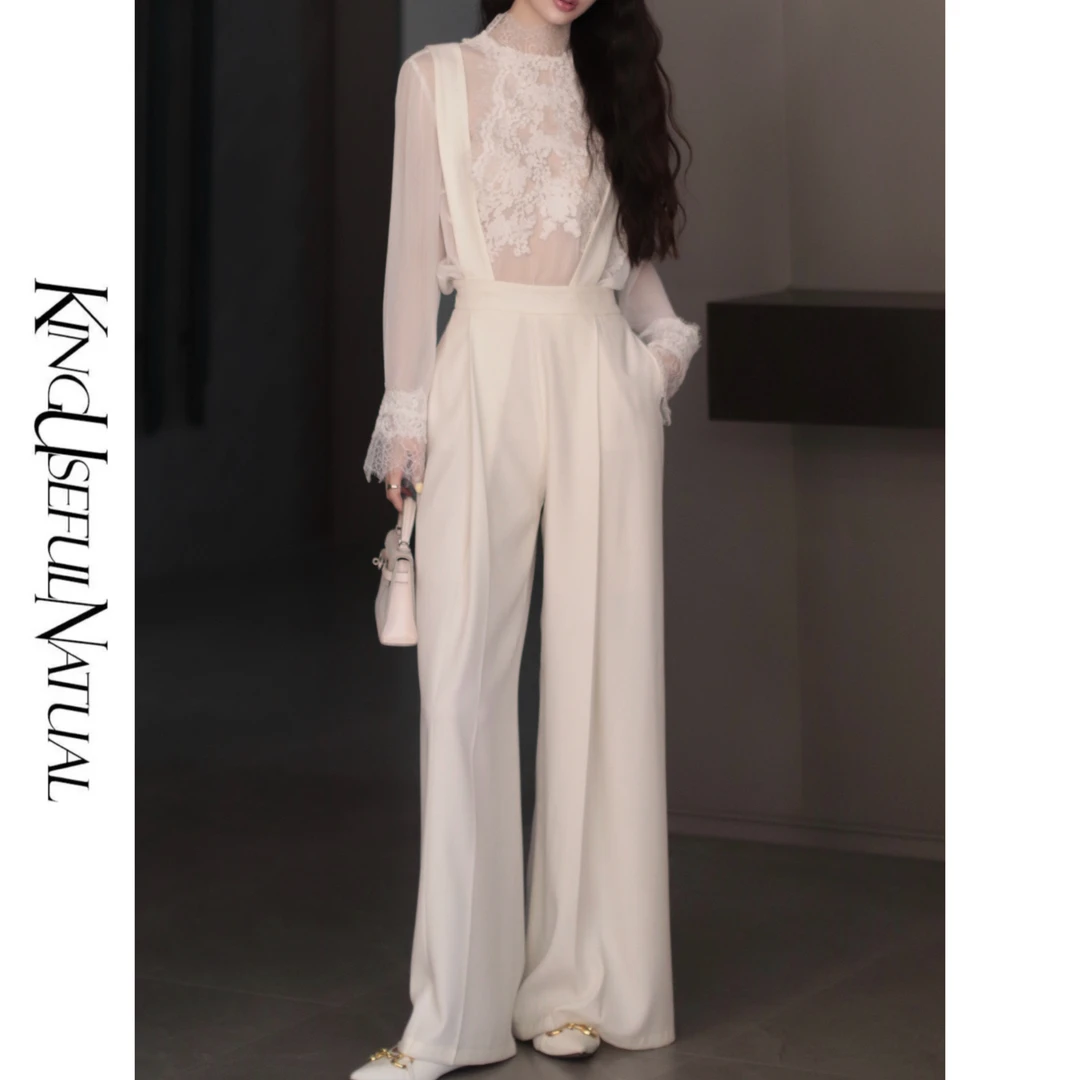 KUN【霜降】必备基础格调 白色高腰背带阔腿裤