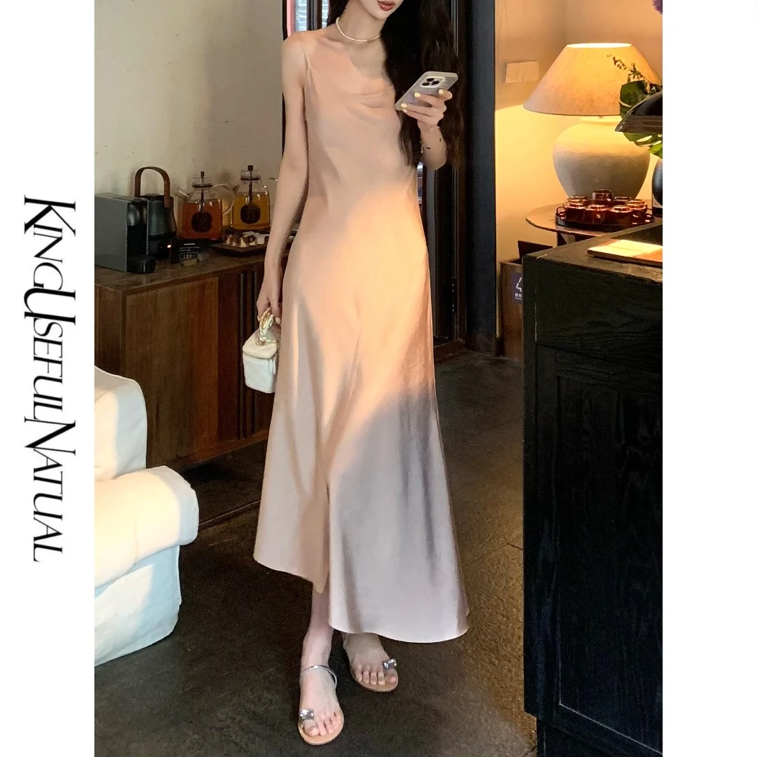 KUN【夏日萬能搭】油画灰粉调 不对称毛边下摆气质显瘦夏季吊带裙