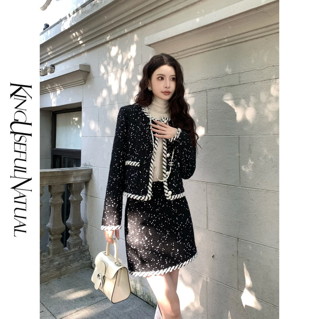 KUN【赫本日记】迷人黑珍珠 花朵密织亮片定制面料黑白撞色香香套装