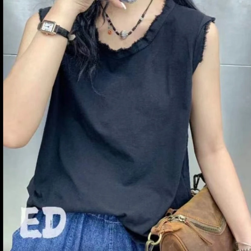 芳姐8147 t恤棉下摆开叉毛边圆领磨毛文艺显瘦设计感打底马甲背心