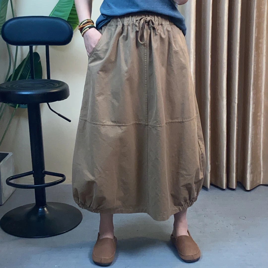 芳姐3188复古卡其色气质显白文艺麻棉女神纯色设计感中长款半身裙