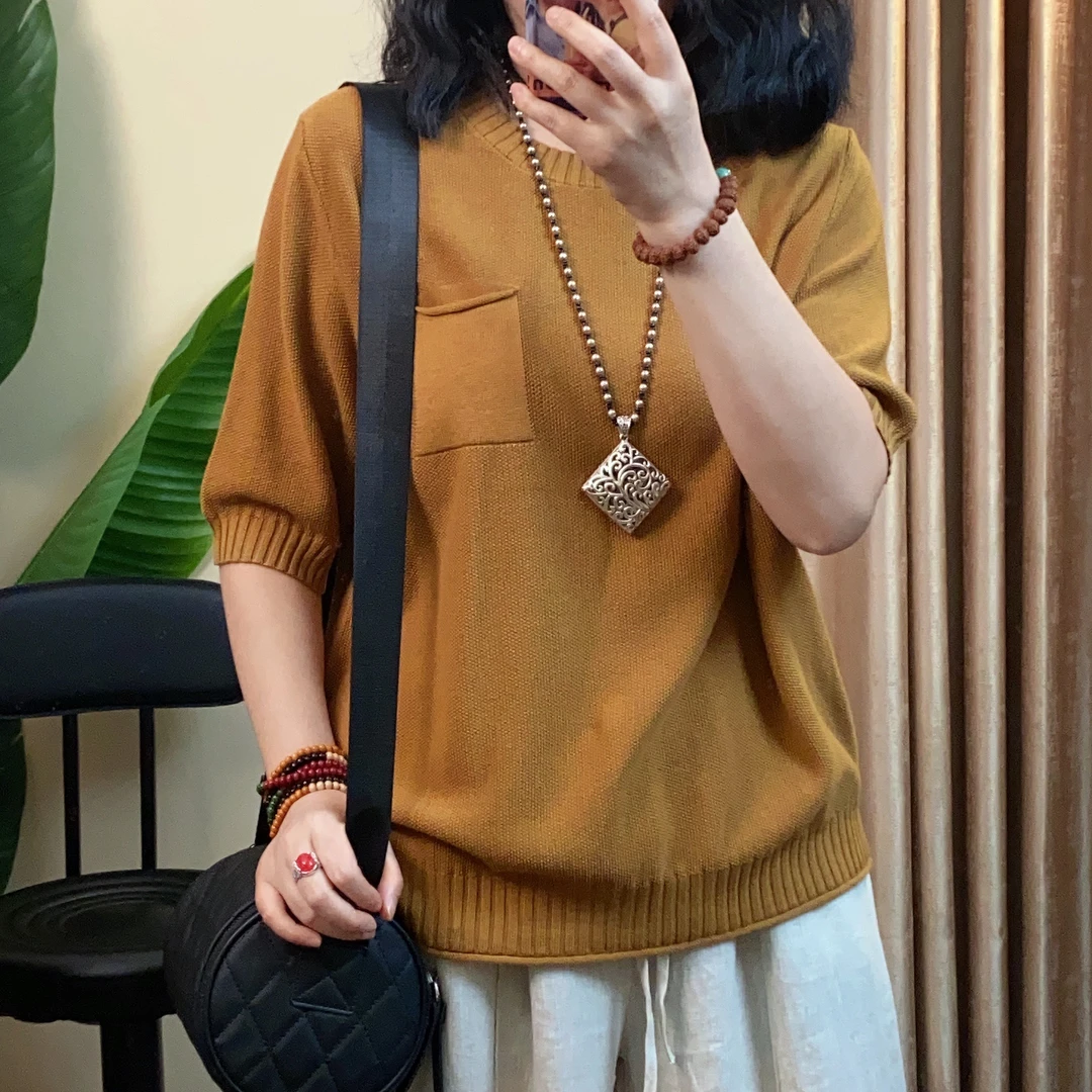 夏季圆领复古文艺休闲棉线针织女宽松五分袖薄款T恤女H2319