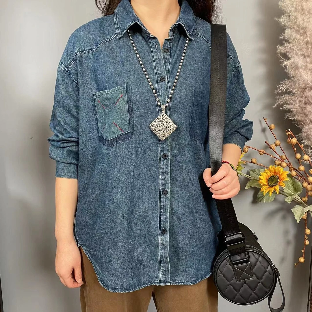 芳姐3636宽松设计感单排扣长袖翻领牛仔休闲中长款蓝色水洗衬衫