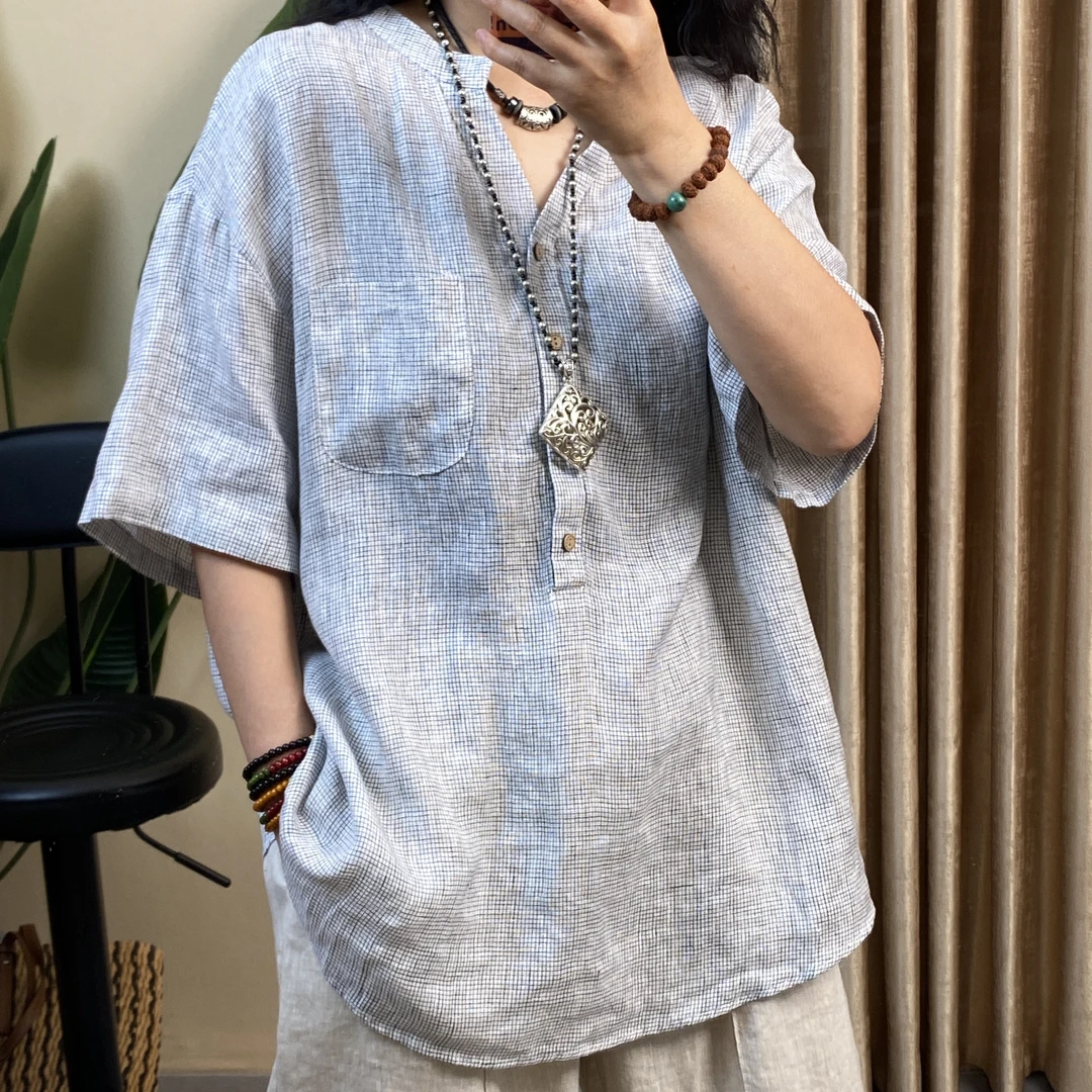 芳姐新款苎麻显瘦文艺高级感格子V领带扣上衣9068