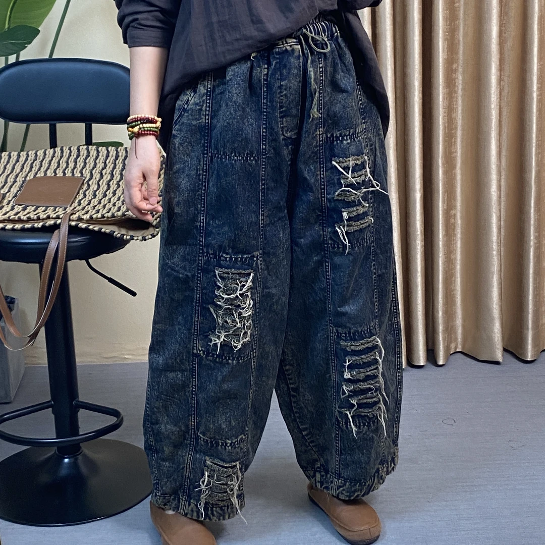 【芳姐】秋季文艺复古百搭松紧腰宽松设计感破洞牛仔长裤