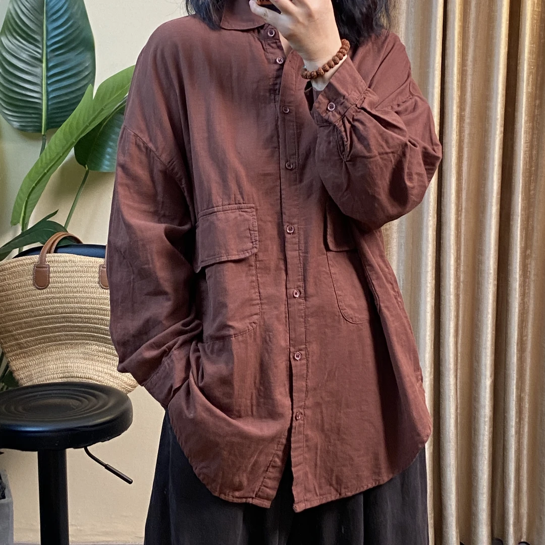 芳姐秋季新款宽松休闲纯色单排扣文艺显瘦双口袋大码衬衫