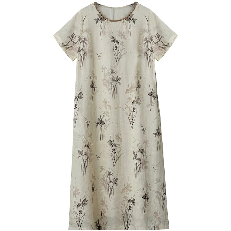 2024水墨印染宽松连衣裙新中式女装连衣裙时尚印花圆领提花气质女