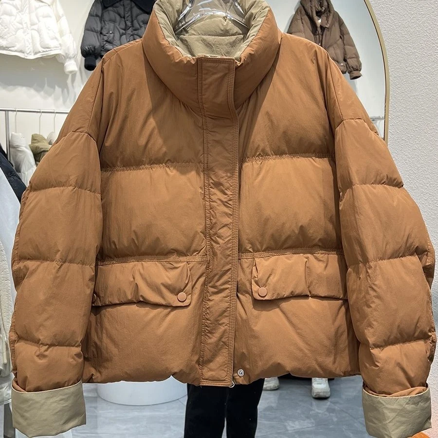 2023冬季新款韩版立领加厚羽绒服女短款撞色拼接洋气白鸭绒外套潮