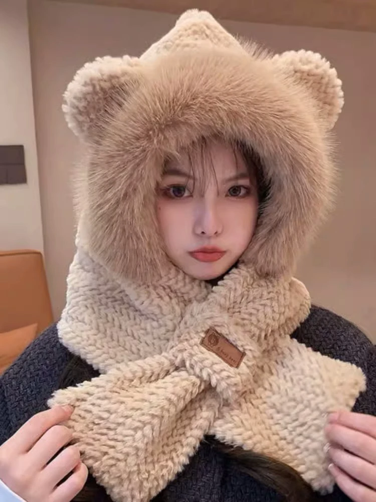 A43冬季新款加绒加厚保暖小熊帽子围巾一体冬天套头毛绒保暖帽