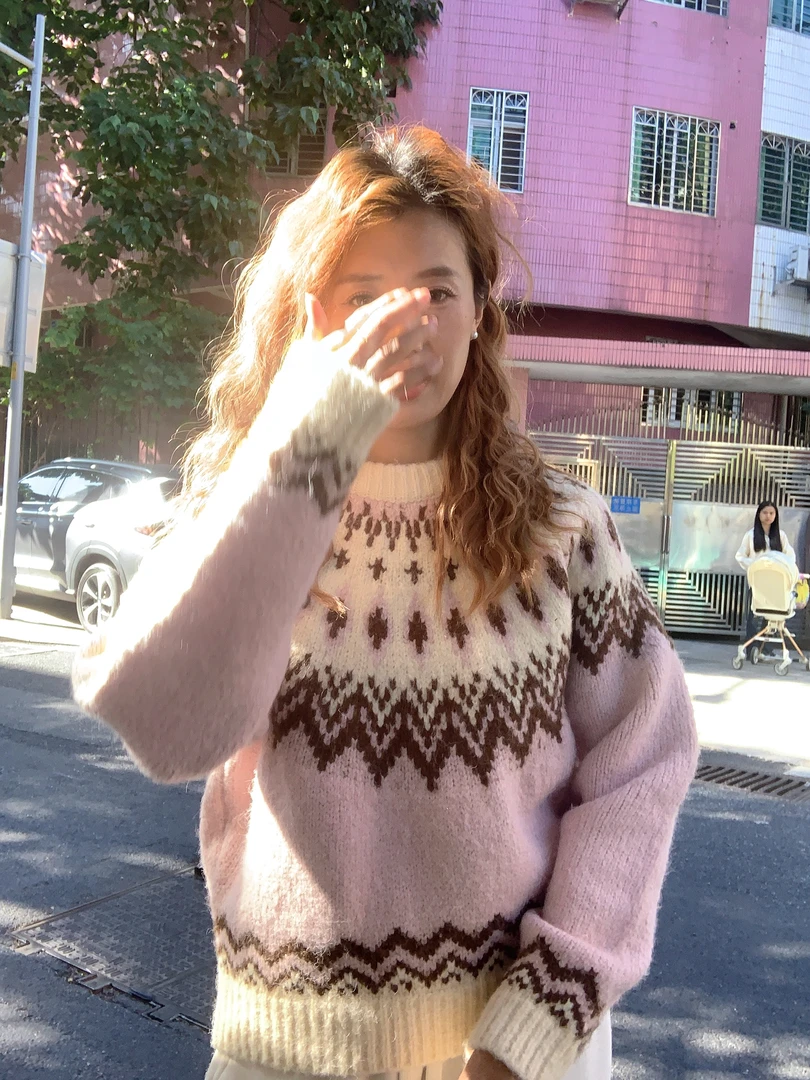 【楠楠】清仓 No退No换费尔岛加厚毛衣显瘦韩版花纹圆领套头毛衣