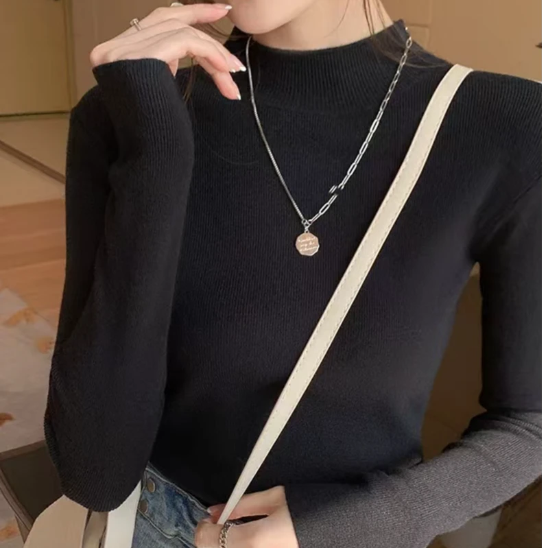 秋冬款女士洋气半高领长袖时尚百搭修身内搭上衣