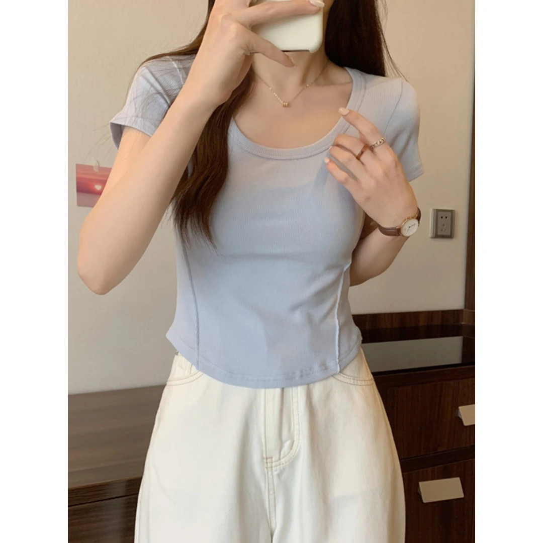 不规则u领短袖t恤女2024季新款韩版修身高腰短款学生纯色上衣潮