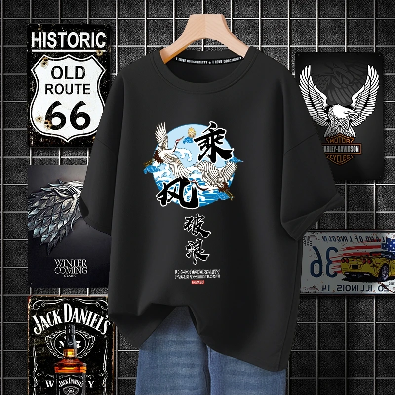 100棉 国潮仙鹤短袖t恤男夏季国风上衣青少年纯棉宽松半袖潮流