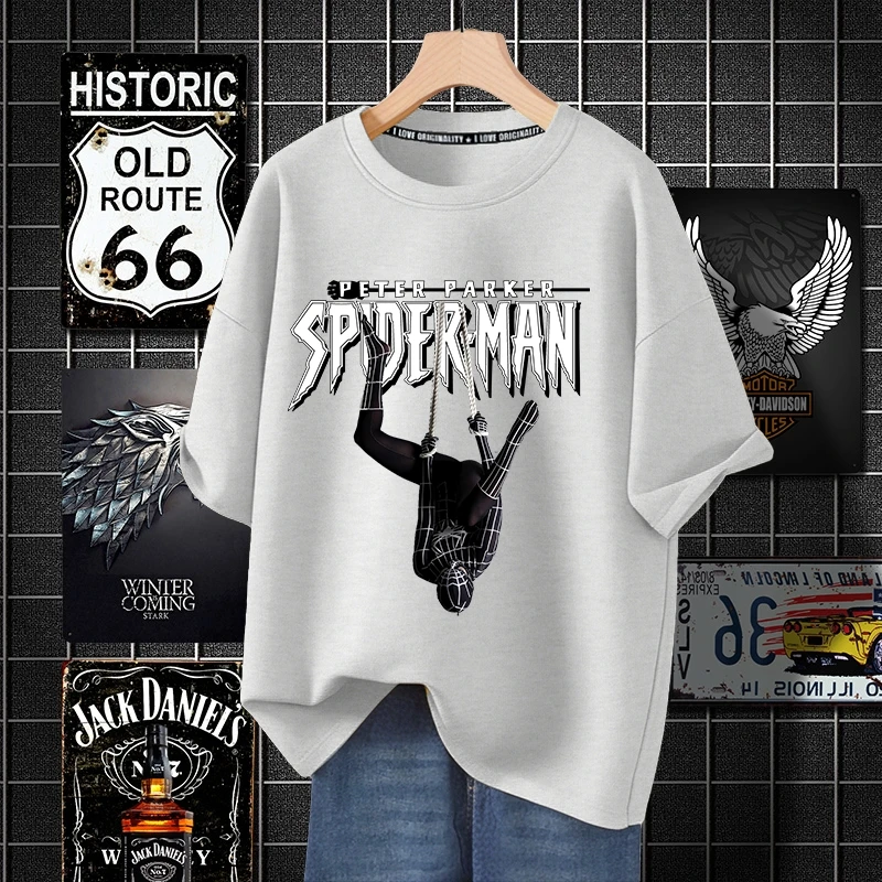 漫威蜘蛛侠动漫印花短袖体恤男士夏季潮牌宽松圆领休闲半袖棉