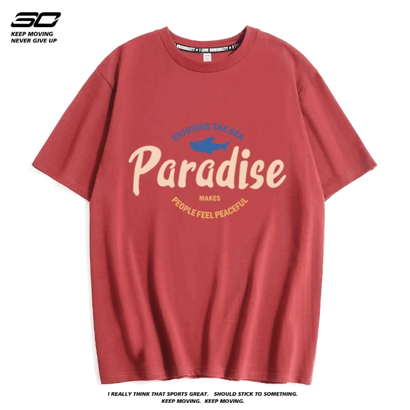 鲨鱼字母短袖T恤男士夏季潮牌宽松大码圆领青少年半袖体恤上衣